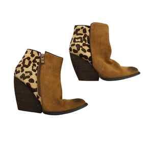 Volatie Womens Calf Hair Trim Leopard Tan Leather Zip Wester Ankle Bootie 7.5